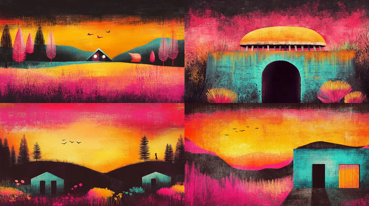 Vibrant Landscapes with Abstract Elements and Retro Nostalgia - Midjourney sref style