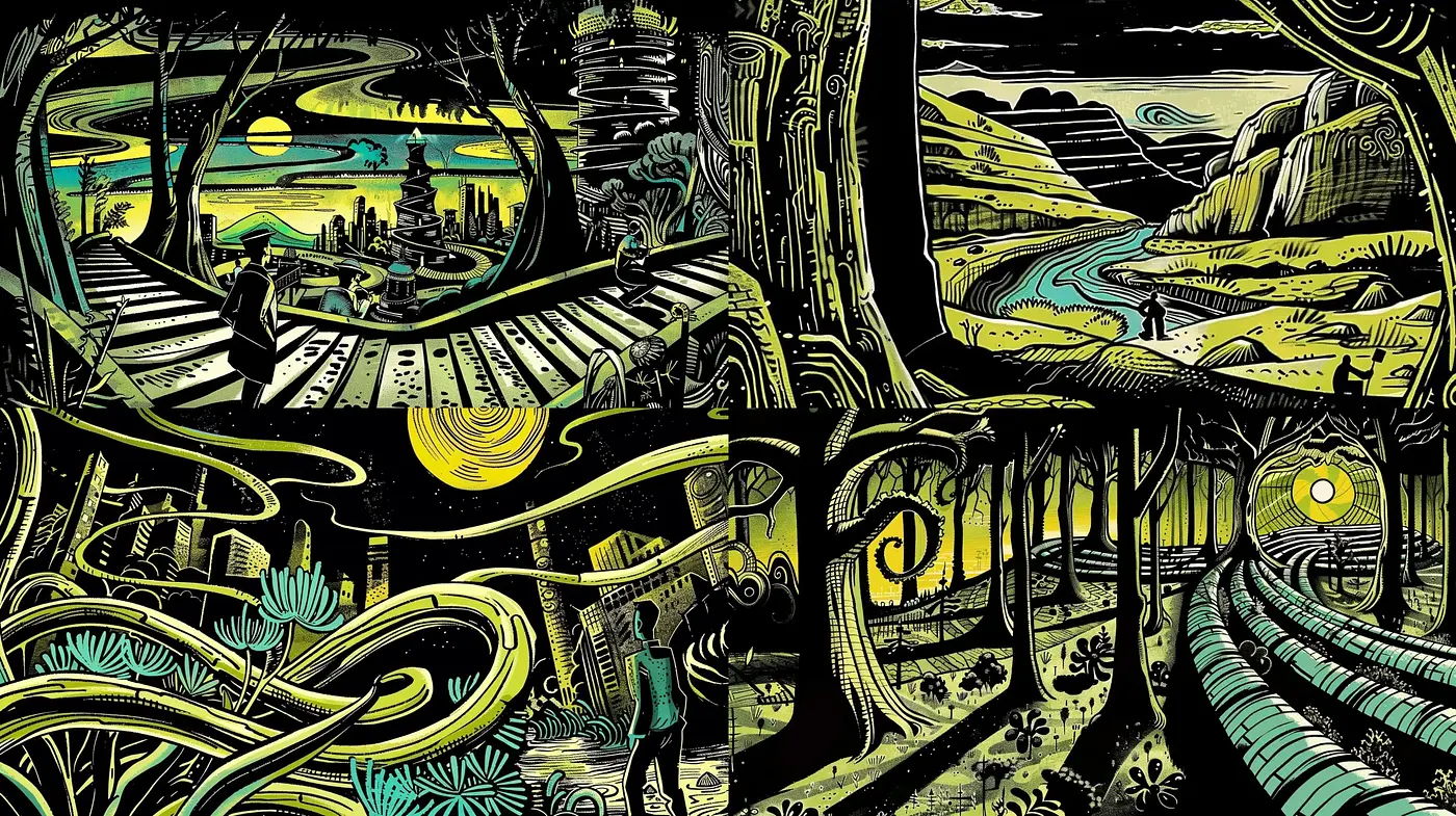 Enigmatic Twilight Vistas in Stylized Contrast - Midjourney sref style