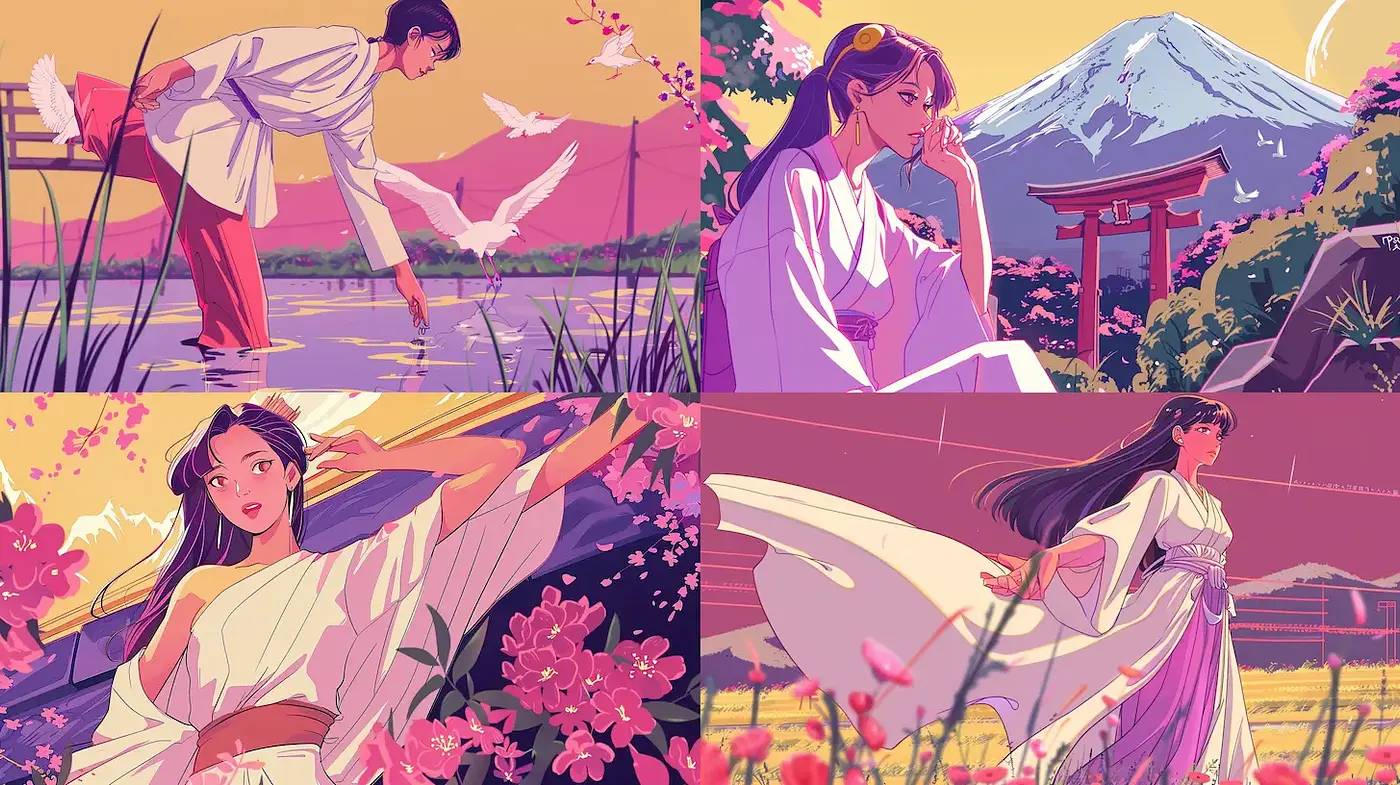 Serene and Harmonious Depictions of Nature and Humanity in a Vibrant Palette - Midjourney sref style