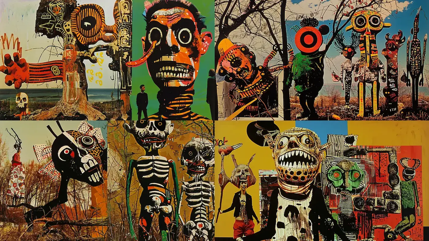Vivid and expressive mixed media style with surrealistic elements - Midjourney sref style