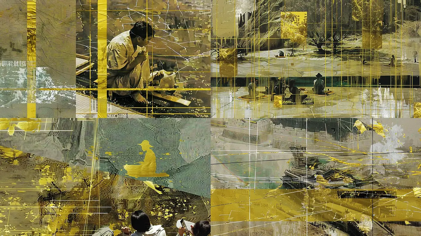 Synthetic Collage of Fragmented Memories in Monochrome Hues - Midjourney sref style