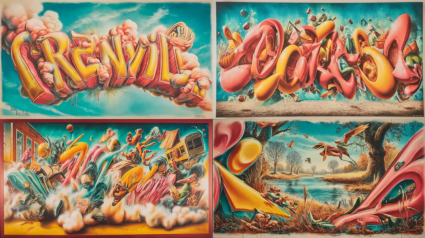 Vibrant and Playful Graffiti with Dynamic Expression - Midjourney sref style