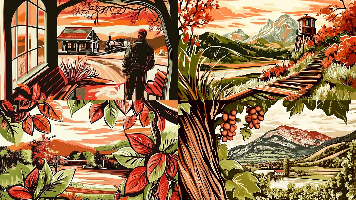 Rustic Autumnal Vistas: A Harmonious Blend of Warmth and Serenity in Art - Midjourney sref style