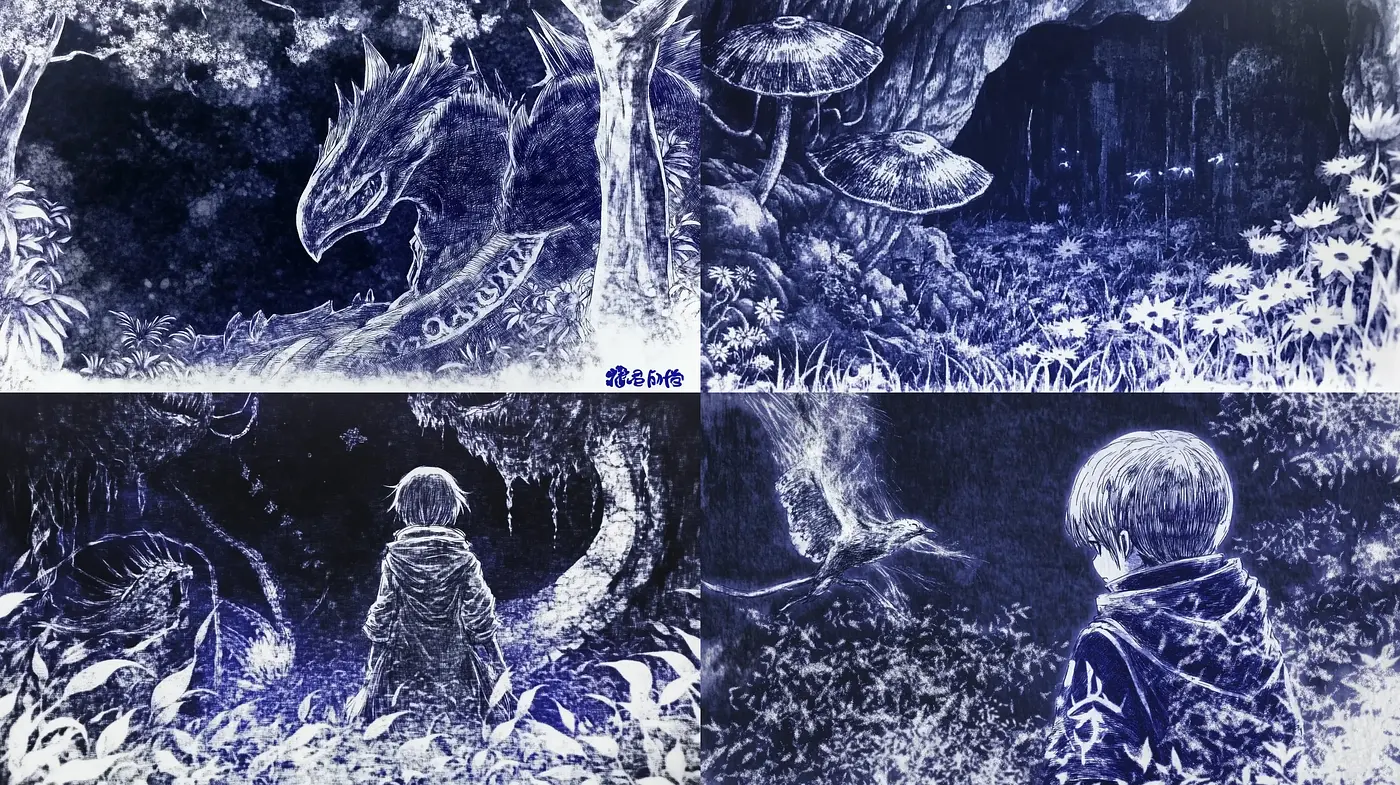 Mystical Nocturnal Dreamscape in Monochrome Etching - Midjourney sref style