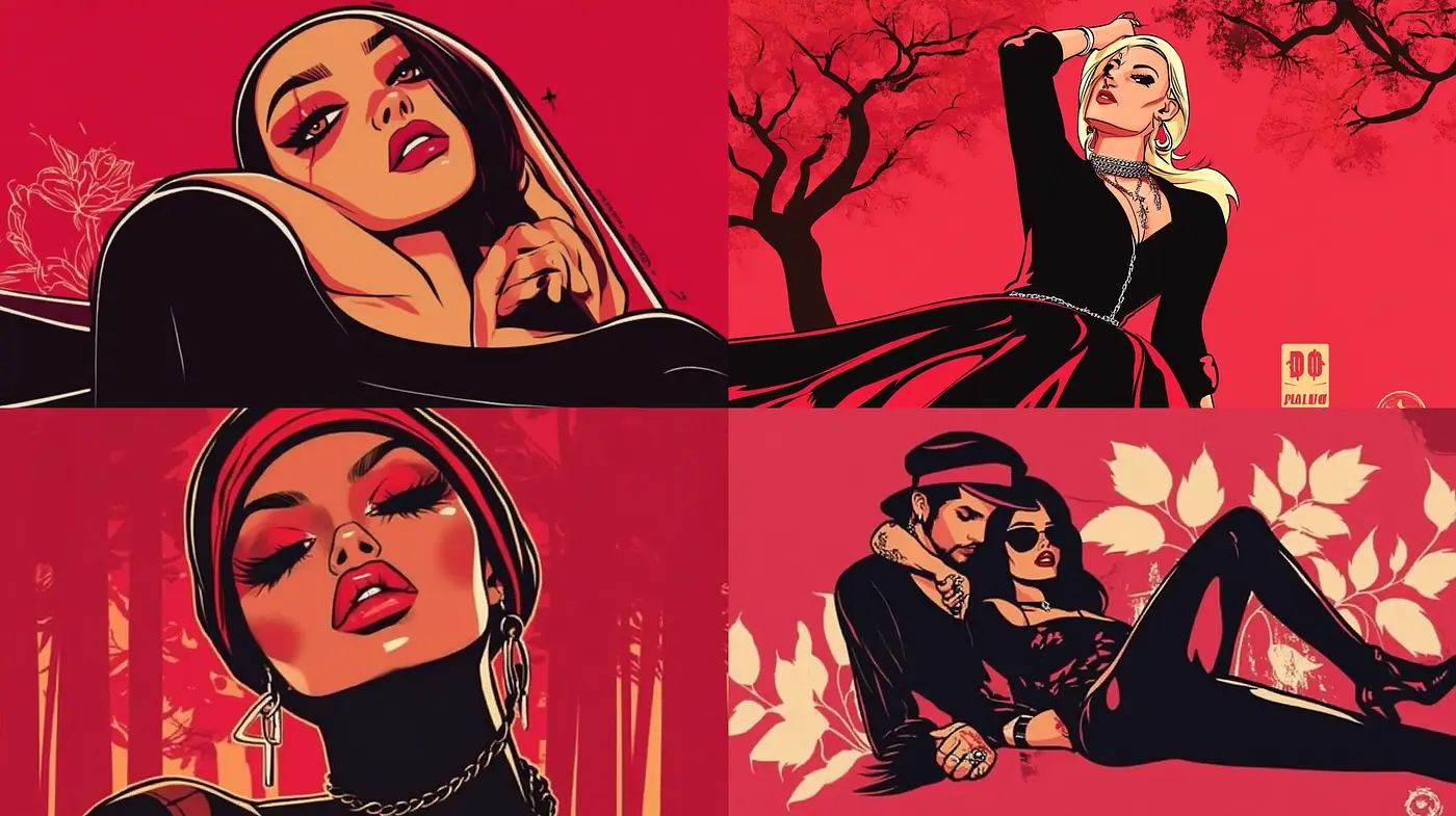 Bold Romantic Red with Graphic Novel Influences - Midjourney sref style