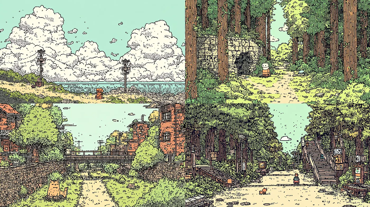Quirky yet serene landscapes with a nostalgic essence - Midjourney sref style