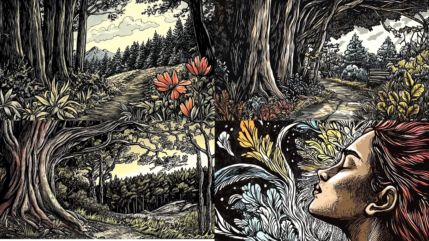 Enchanted Forest Illustration with Art Nouveau Fusion - Midjourney sref style