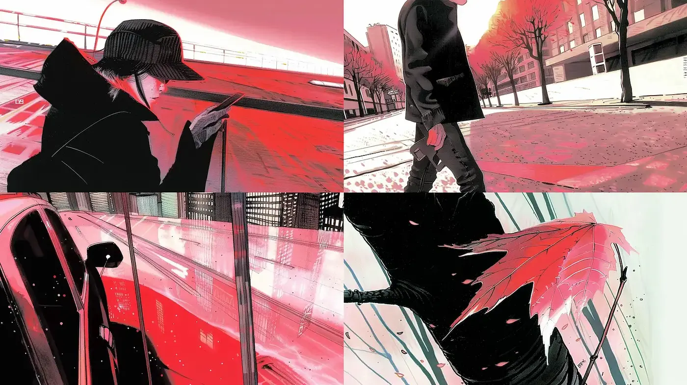 Stylized urban narrative with emotional undertones and vibrant contrasts - Midjourney sref style