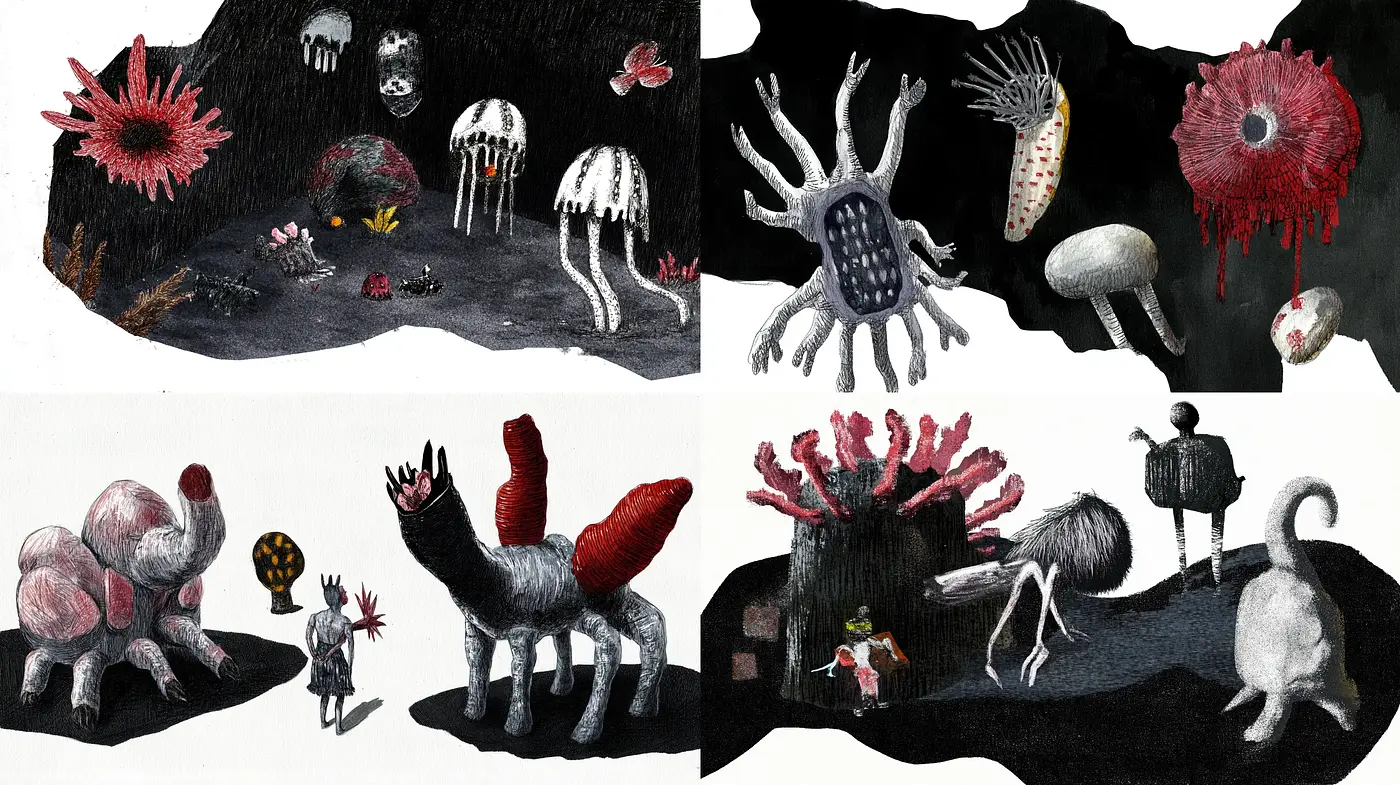 Dreamlike Imaginarium of Whimsical Creatures in Noir Expressionism - Midjourney sref style
