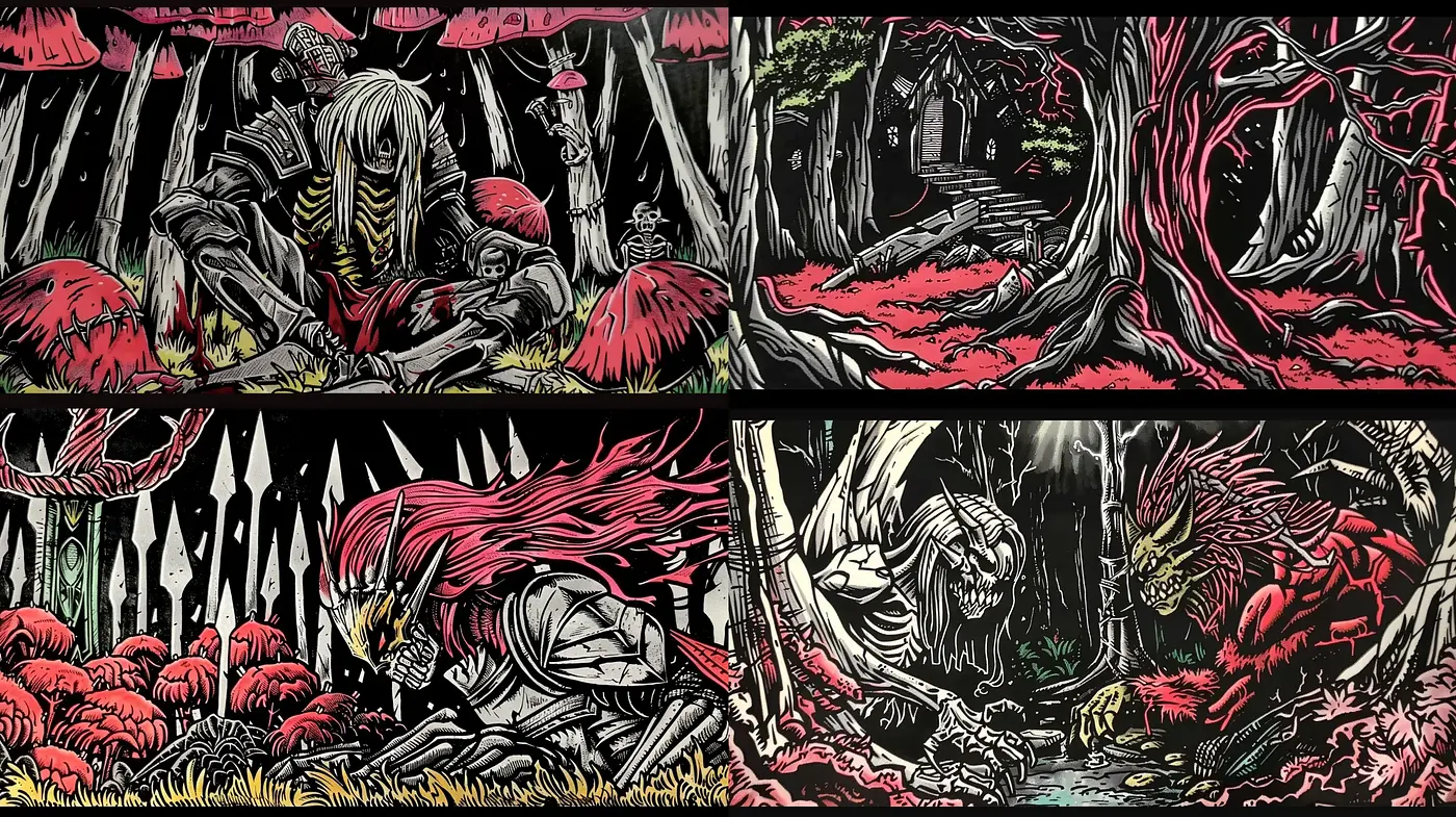 Stylized Mythical Woodcut Narratives - Midjourney sref style