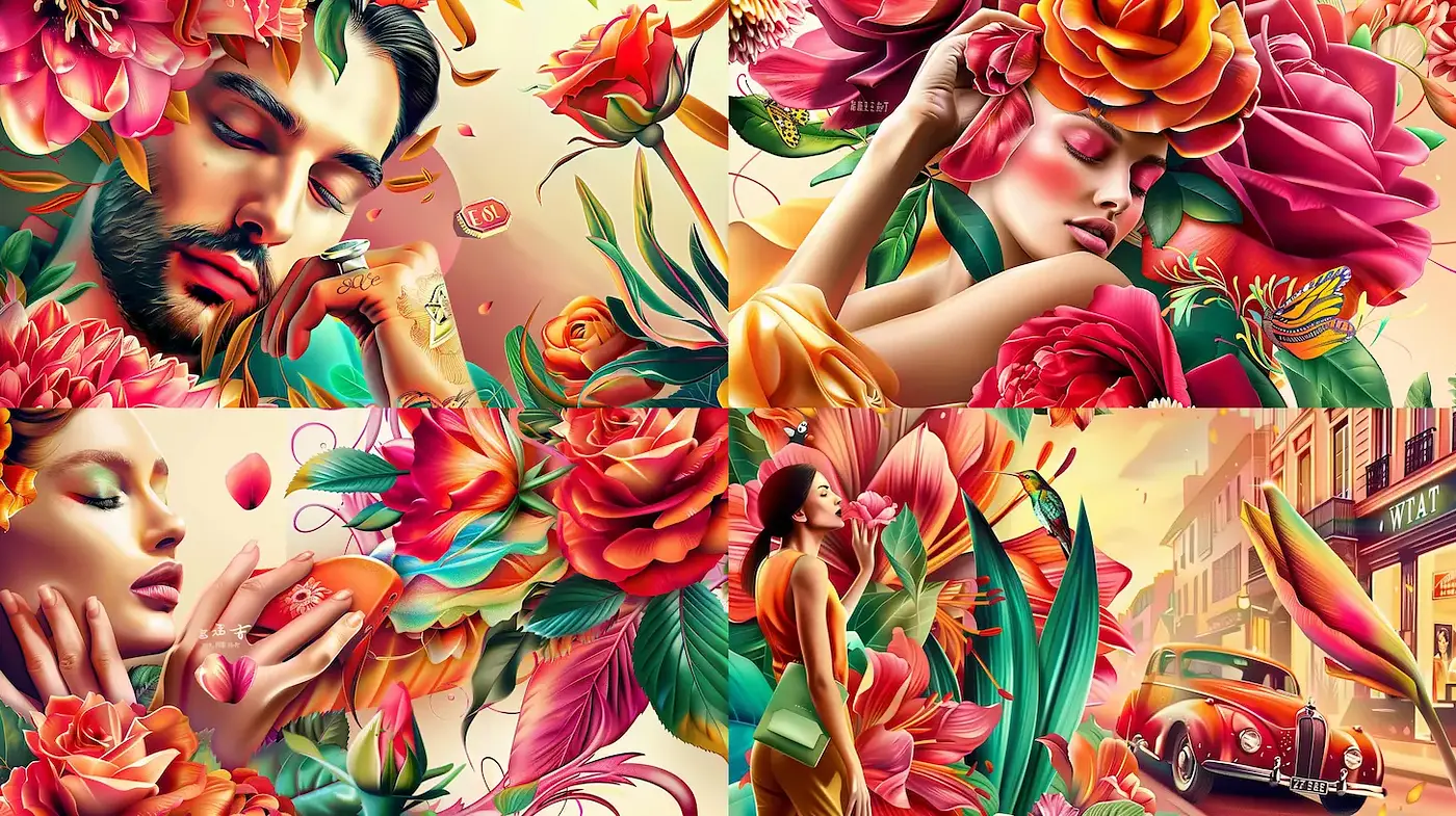 Vibrant floral and romantic portraiture with dynamic composition - Midjourney sref style
