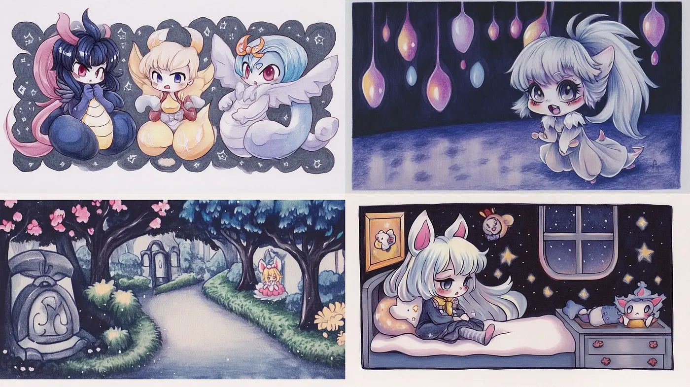 Chimerical Anime-Inspired Fantasia with Soft Pastel Undertones - Midjourney sref style