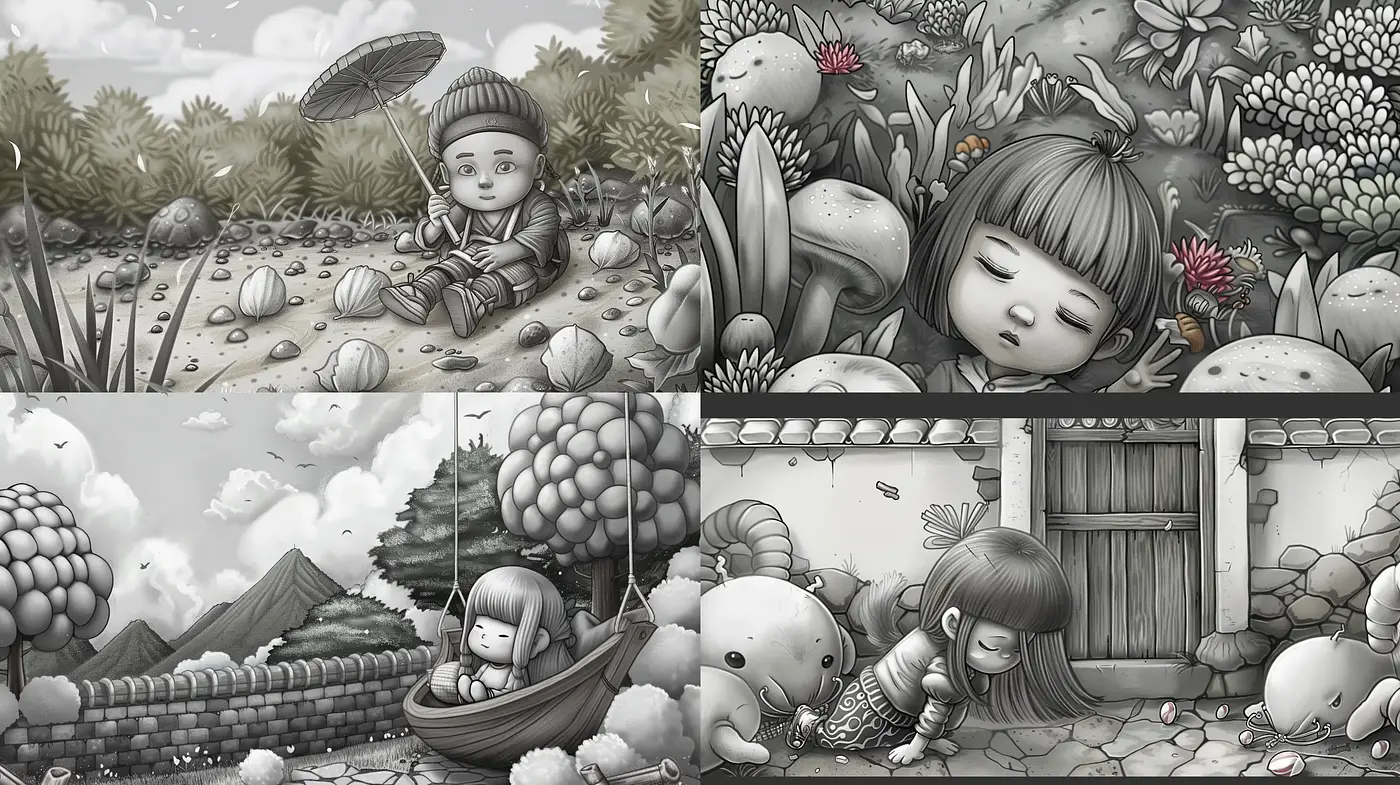 Monochromatic Dreamscape in Surreal Storybook Illustration - Midjourney sref style