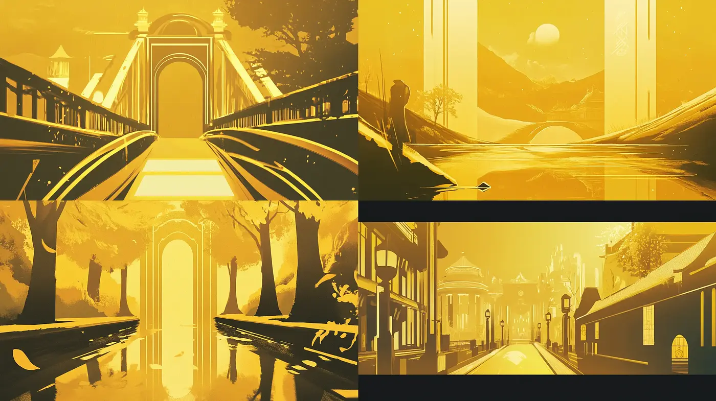 Golden Hues of Serenity: A Harmonious Blend of Idyllic Scenes - Midjourney sref style