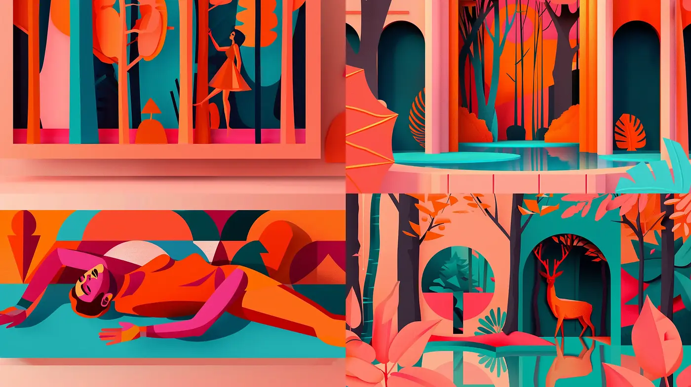 Warm-toned Geometric Dreamscapes in a Surreal Woodland - Midjourney sref style
