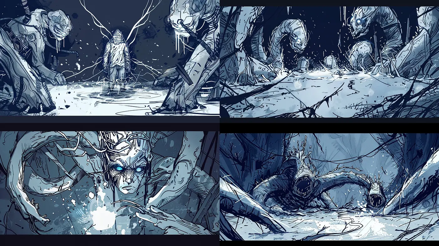 Ethereal Shadows of Blue: An Exploration of Stylized Monochrome Illustration - Midjourney sref style