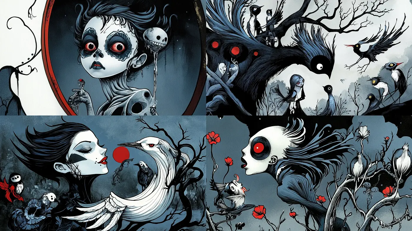 Gothic Whimsy: A Macabre Dance of Monochrome and Crimson - Midjourney sref style